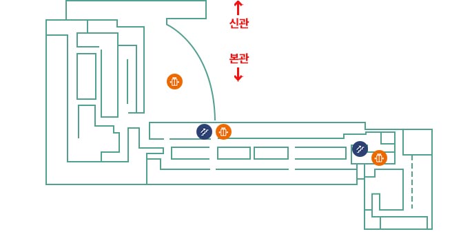 본관_4F층_01 낮병동  항암주사실, 02 역사관 4F  전시쉼터, 03 역사관 4F  갤러리, 04 신관  본관  4F 연결통로, 05 46병동, 06 47병동, 07 세미나실  권역외상센터회의실, 08 마취통증의학과, 09 교육수련팀, 10 외상중환자실북쪽으로 신관 본관 이동하는통로위치함, 왼쪽으로 엘리베이터위치함, 아래로 계단 엘리베이터 위치함, 계단 엘리베이터 위치함