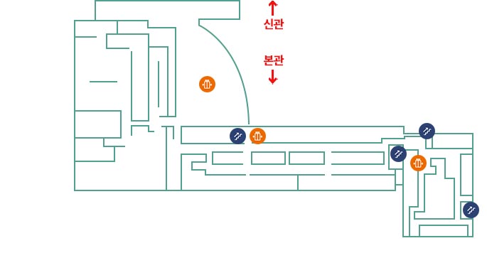 본관_5F층_01 강당, 02 화상회의실, 03 새오름길, 04 신관  본관  5F 연결통로, 05 56병동, 06 57병동, 07 난임클리닉, 08 58병동북쪽으로 신관 본관 이동하는통로위치함, 왼쪽으로 엘리베이터위치함 아래로 계단 엘리베이터 위치함 동쪽으로계단3개 엘리베이터1개 위치함
